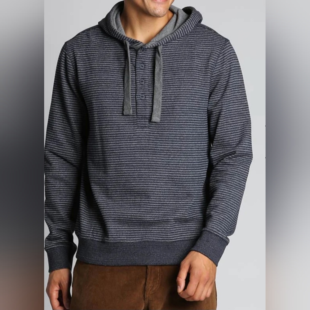 Jachs New York Navy Sustainable Fleece Hooded Henley Striped Size Medium